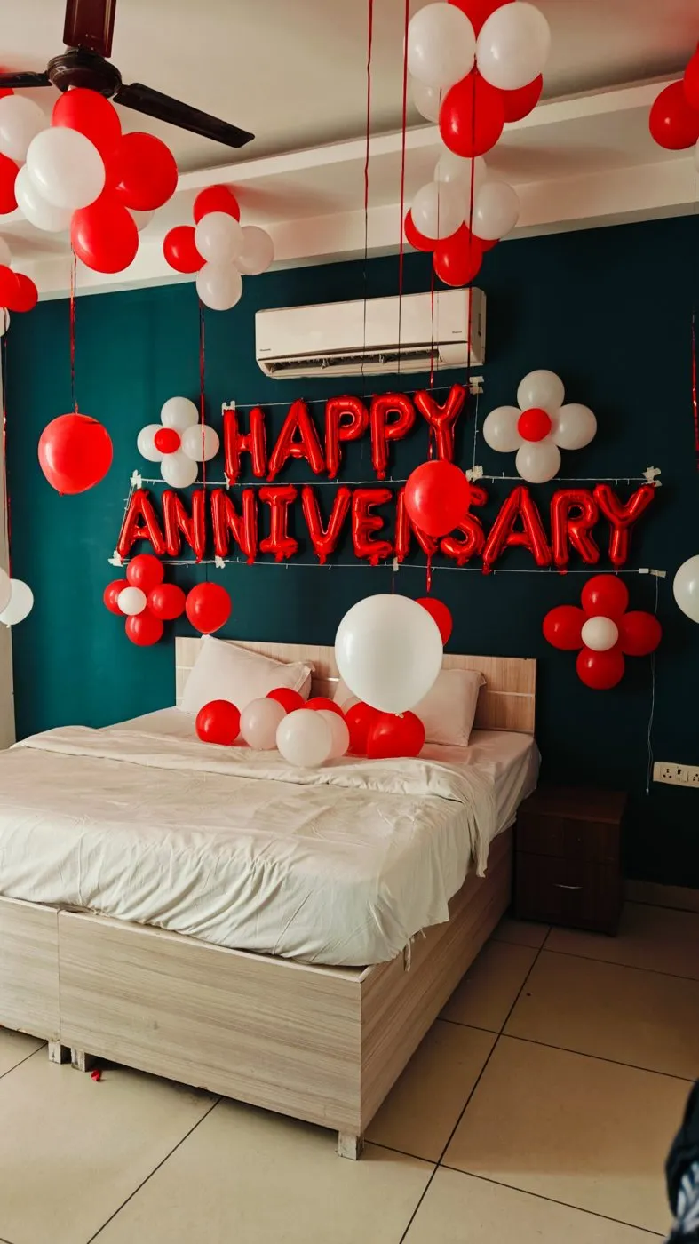 Red and white anniversary balloon room decoration