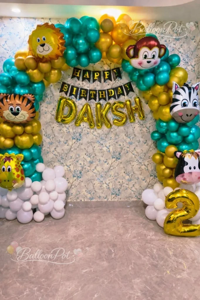 Safari themed kids birthday balloon setup